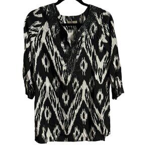 Joan Vass Black & White‎ Peasant Boho 3/4 Rayon Blouse Shirt top M